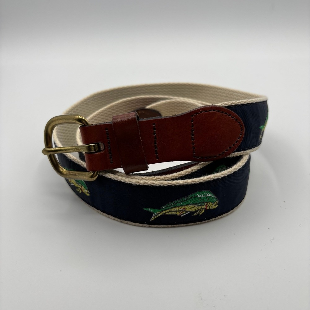 Leather Man Ltd. Canvas Belt Mens 44 Mahi Dorado Fish Embroidery Brass Buckle